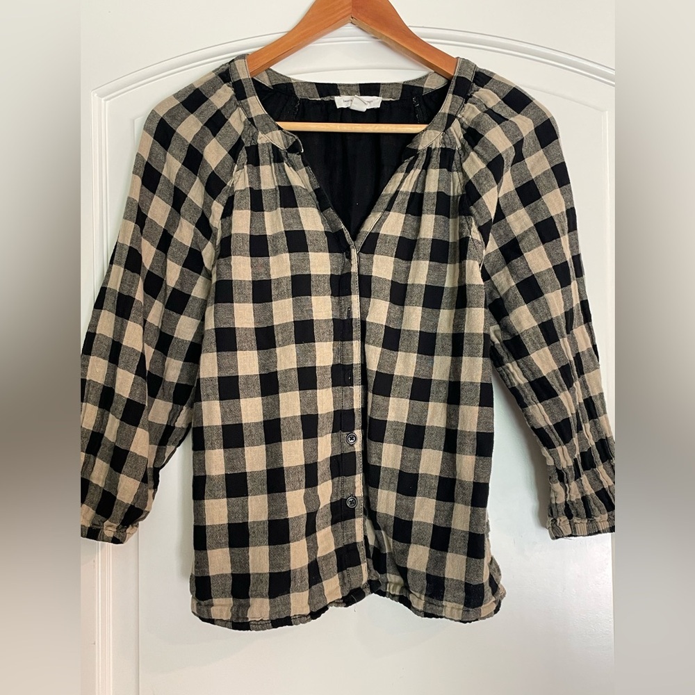BeachLunchLounge Women's Black and Cream Buffalo Check Button-Front Cotton Top